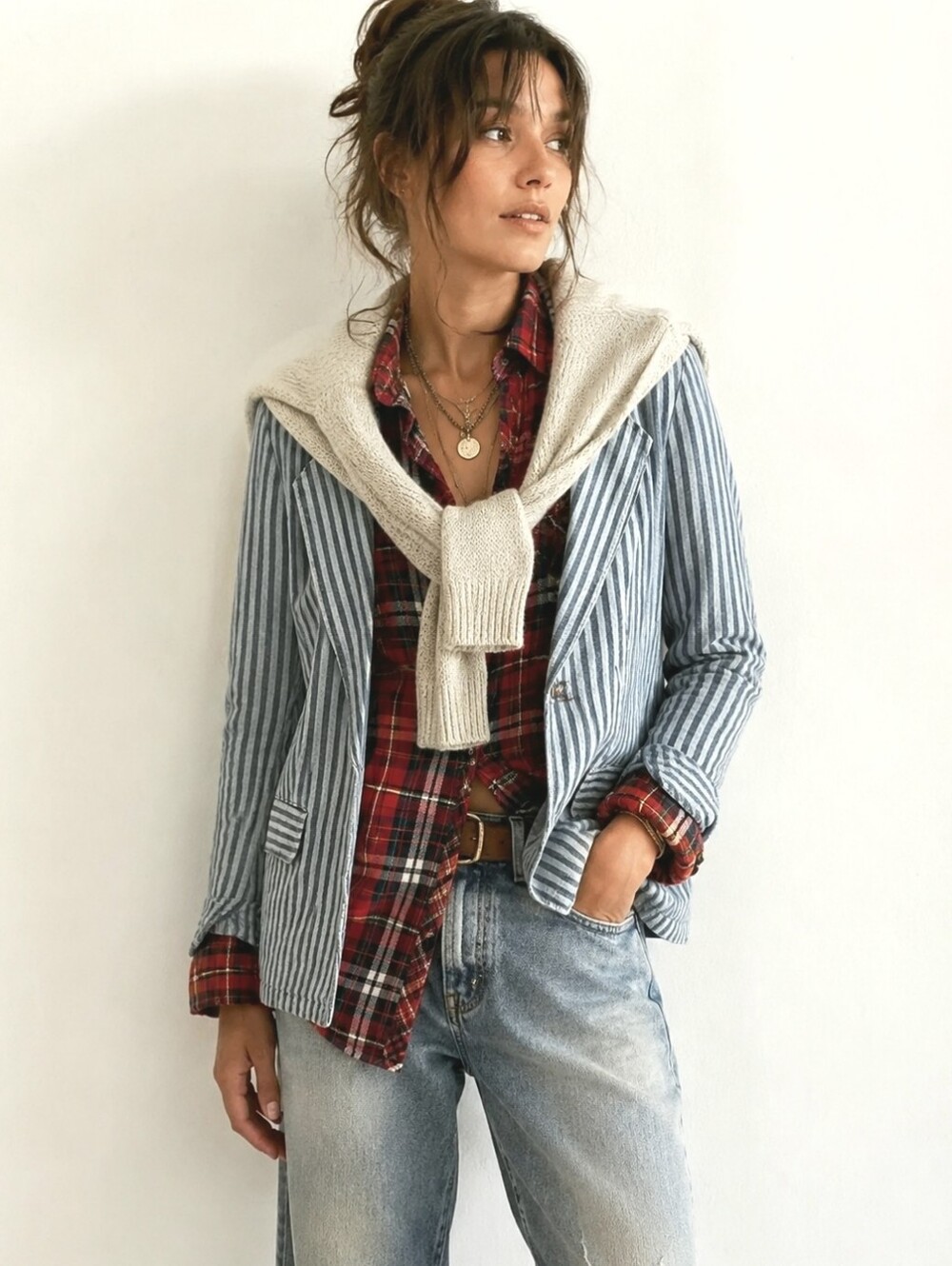 Velvet Heart Blazer Blue Stripe Denim One Buttin Boho Style